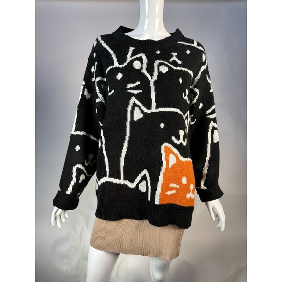 Zinv & Cdupe Vintage Large Cat Lady Black Cat Patterned Sweater Fabric Pilling - Picture 1 of 16